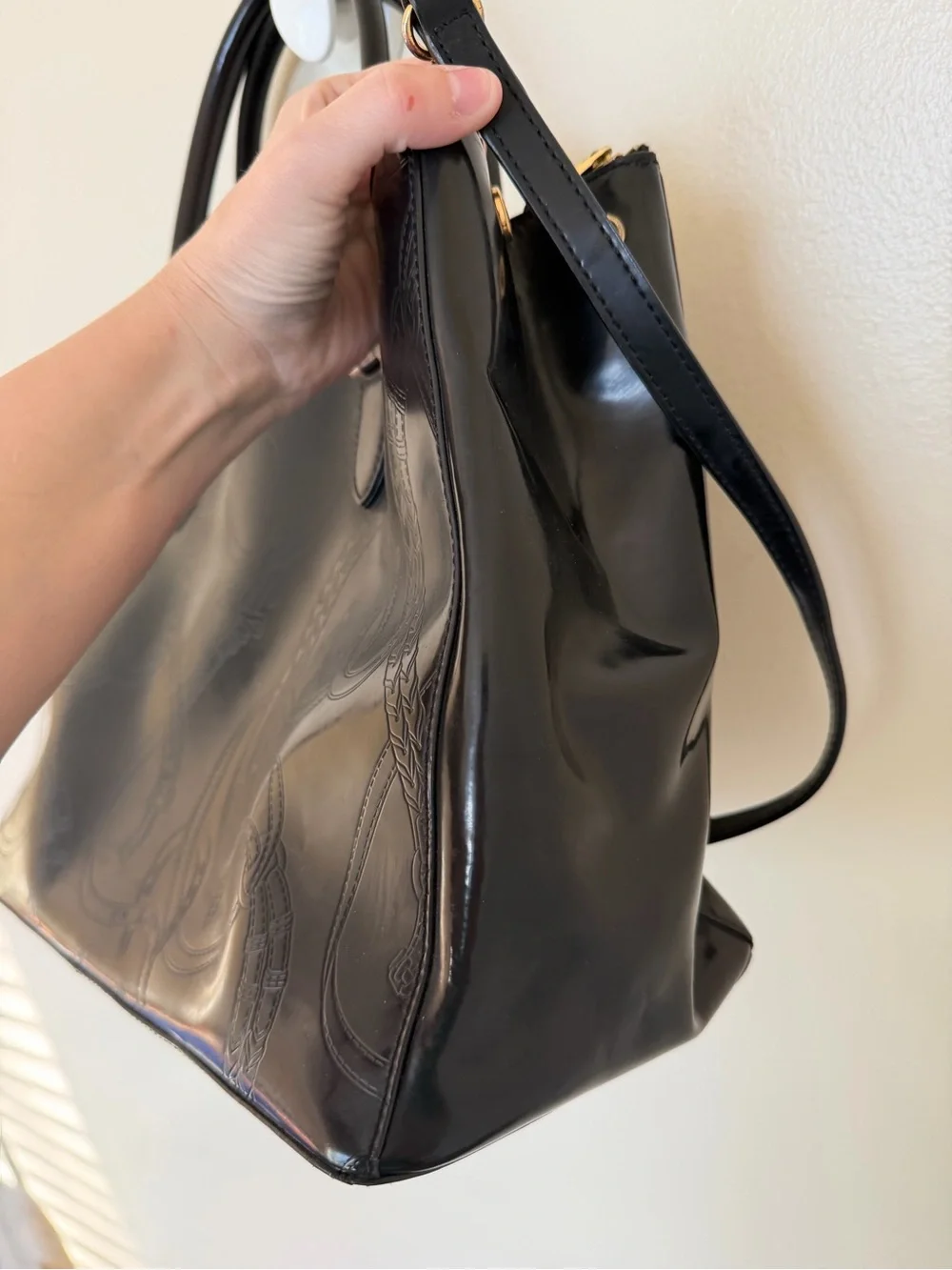 LAUREN RALPH LAUREN Double Zip Embossed Patent Leather Convertible Tote Bag